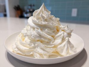 A large swirl of fluffy vanilla buttercream, piped high in a white bowl, ready for decorating.