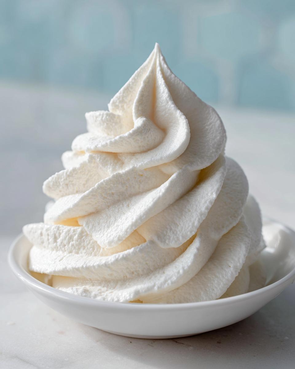 Close-up of a tall, perfectly piped swirl of white vanilla buttercream in a small white bowl.