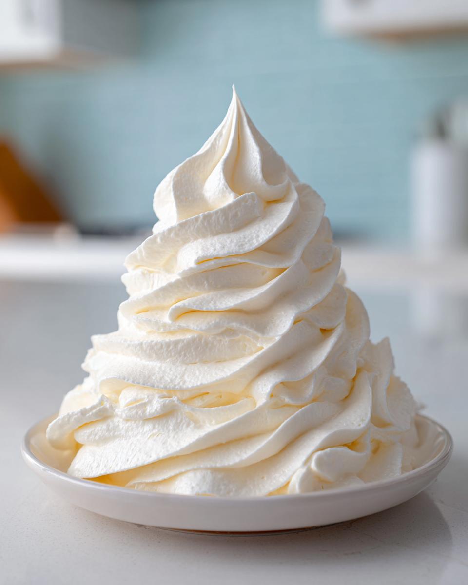 A tall, perfectly piped swirl of fluffy white vanilla buttercream frosting sitting on a small white dish.