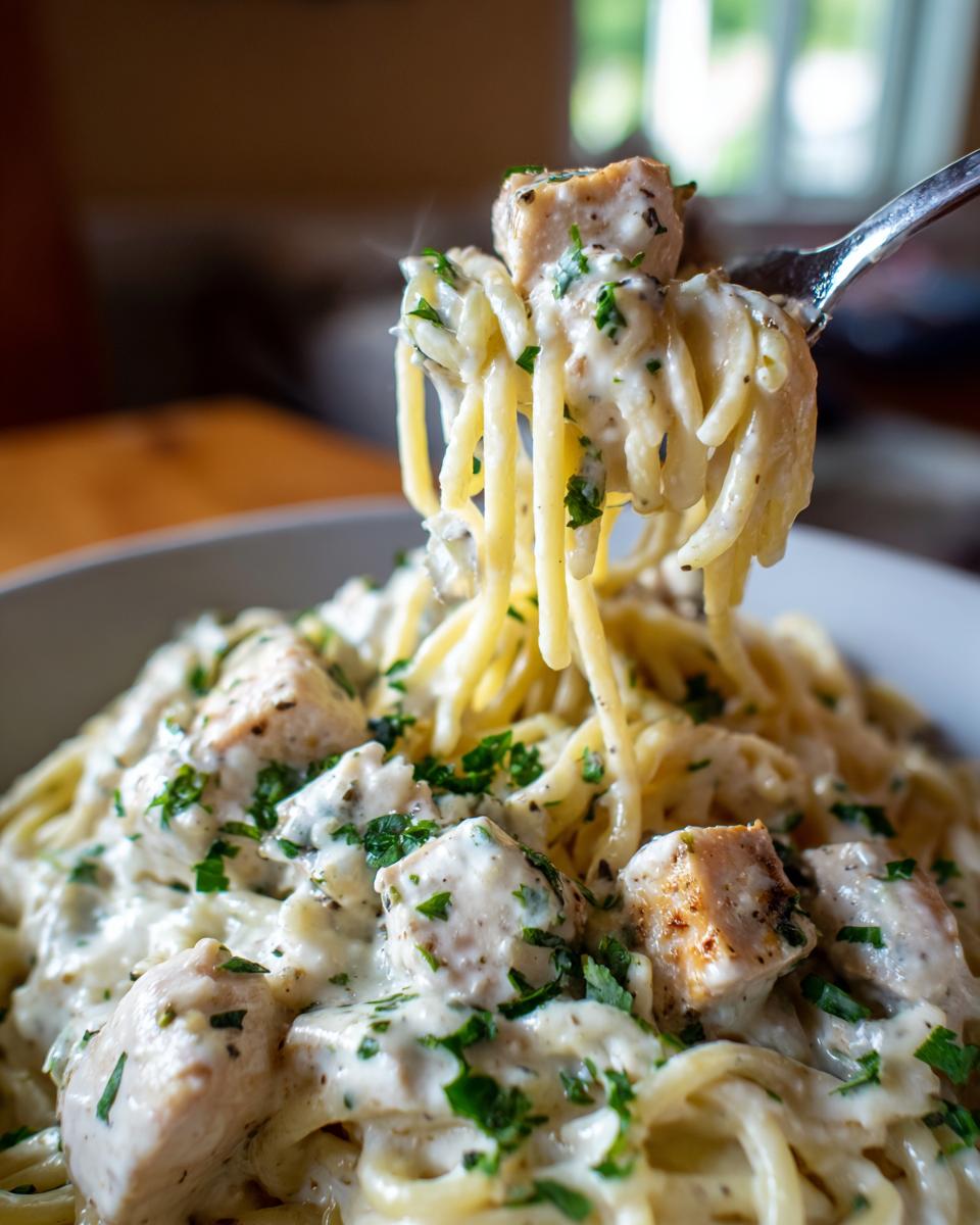 A fork lifting spaghetti noodles coated in creamy sauce, chicken pieces, and parsley from a bowl of garlic parmesan Chicken Pasta.