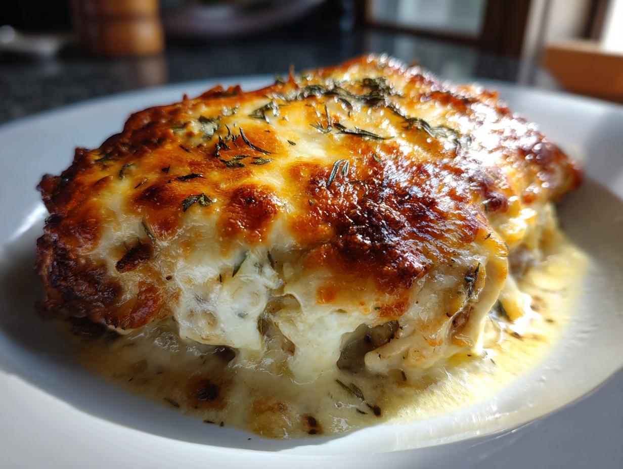 Close-up of a piece of french onion chicken smothered in bubbly, browned cheese and herbs.