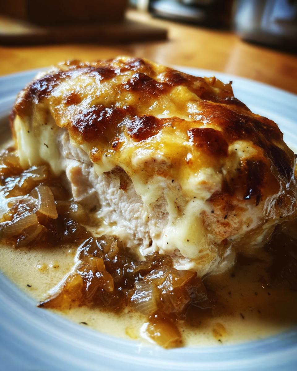 A close-up view of a juicy french onion chicken breast topped with melted, browned cheese and sitting in savory caramelized onion sauce.