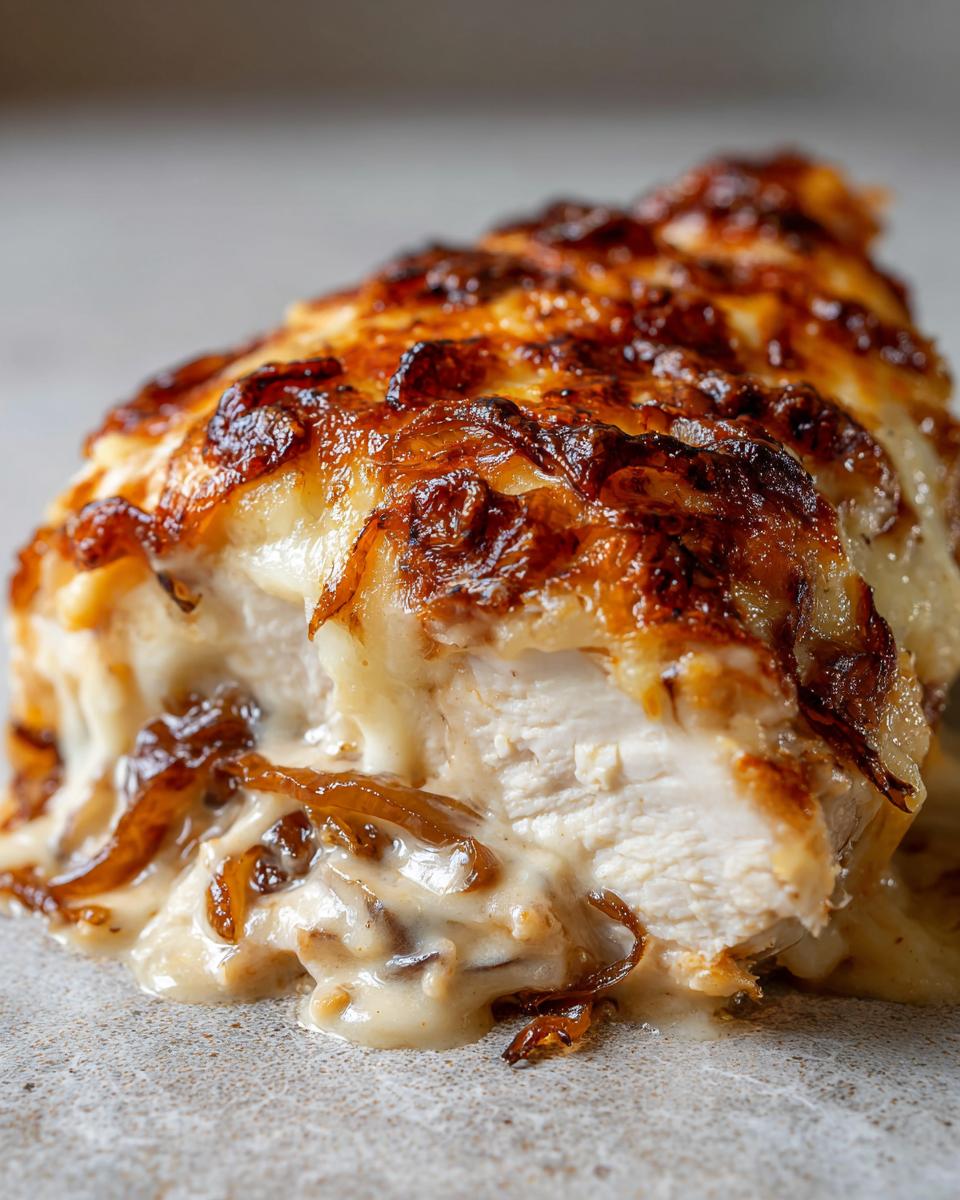 Cross-section of juicy french onion chicken breast topped with melted, browned cheese and caramelized onions.