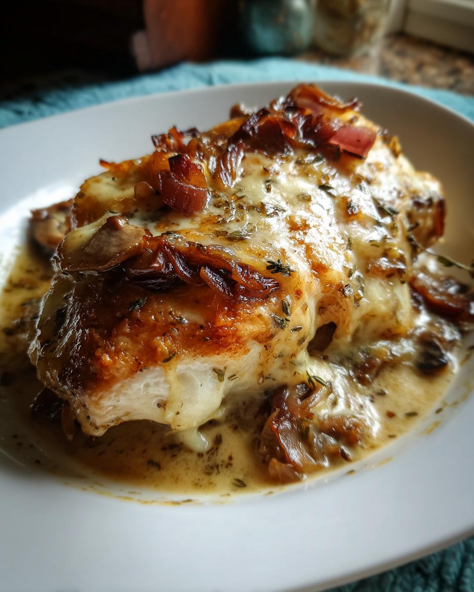 Close-up of a juicy french onion chicken breast topped with melted cheese, caramelized onions, and herbs in a creamy sauce.