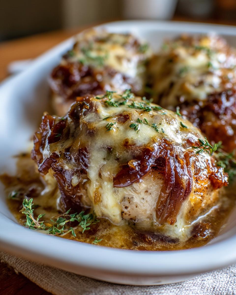 Close-up of juicy french onion chicken topped with melted Gruyère cheese and caramelized onions.