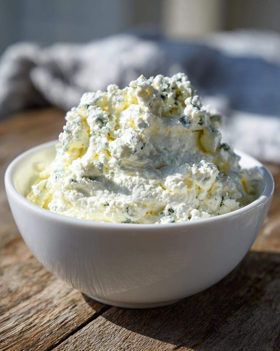 A close-up of chunky, creamy blue cheese dip piled high in a white bowl on a rustic wooden surface.