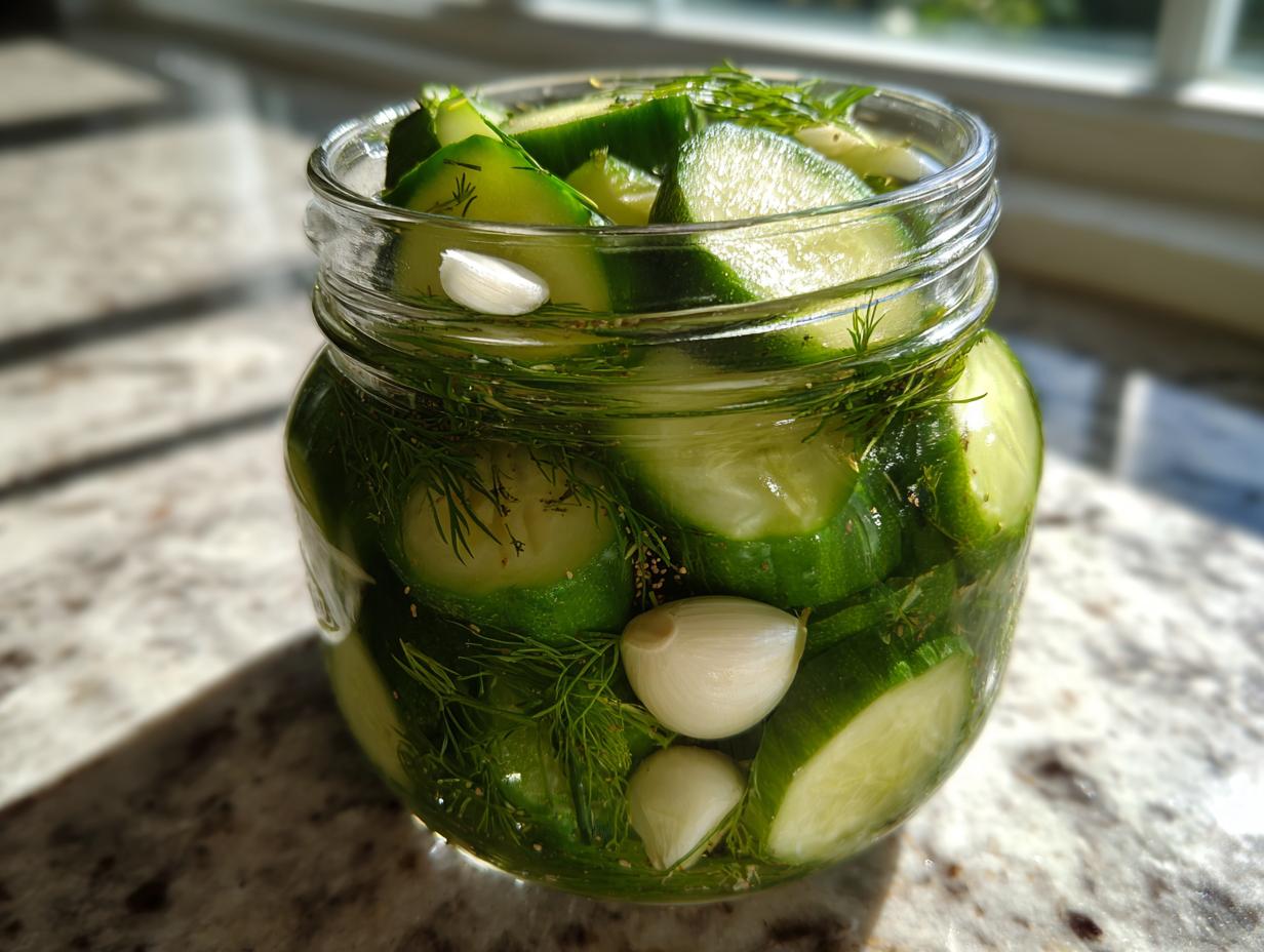 Close-up of sliced cucumbers, dill, and garlic cloves ready to make refrigerator pickles in a glass jar.