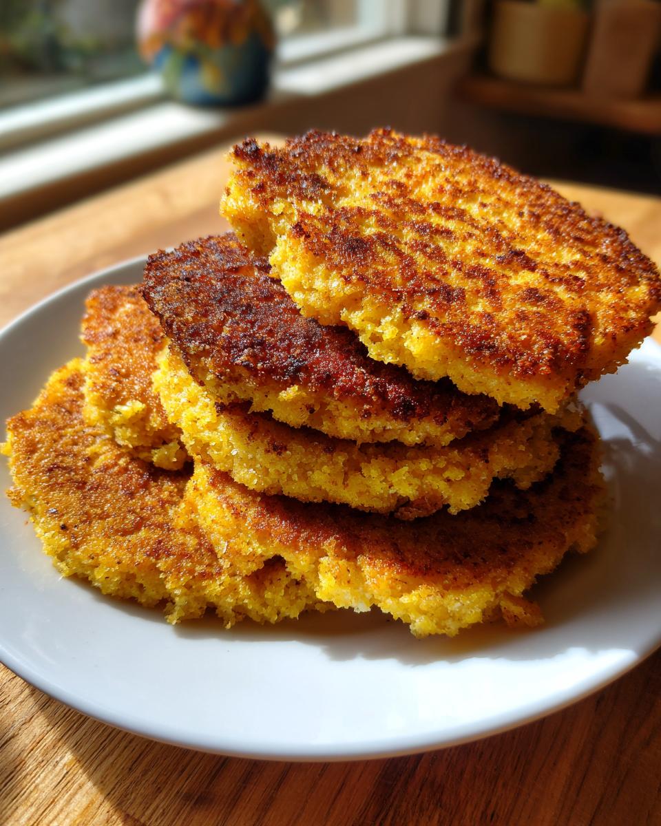A stack of golden brown, crispy fried cornbread patties served on a white plate.
