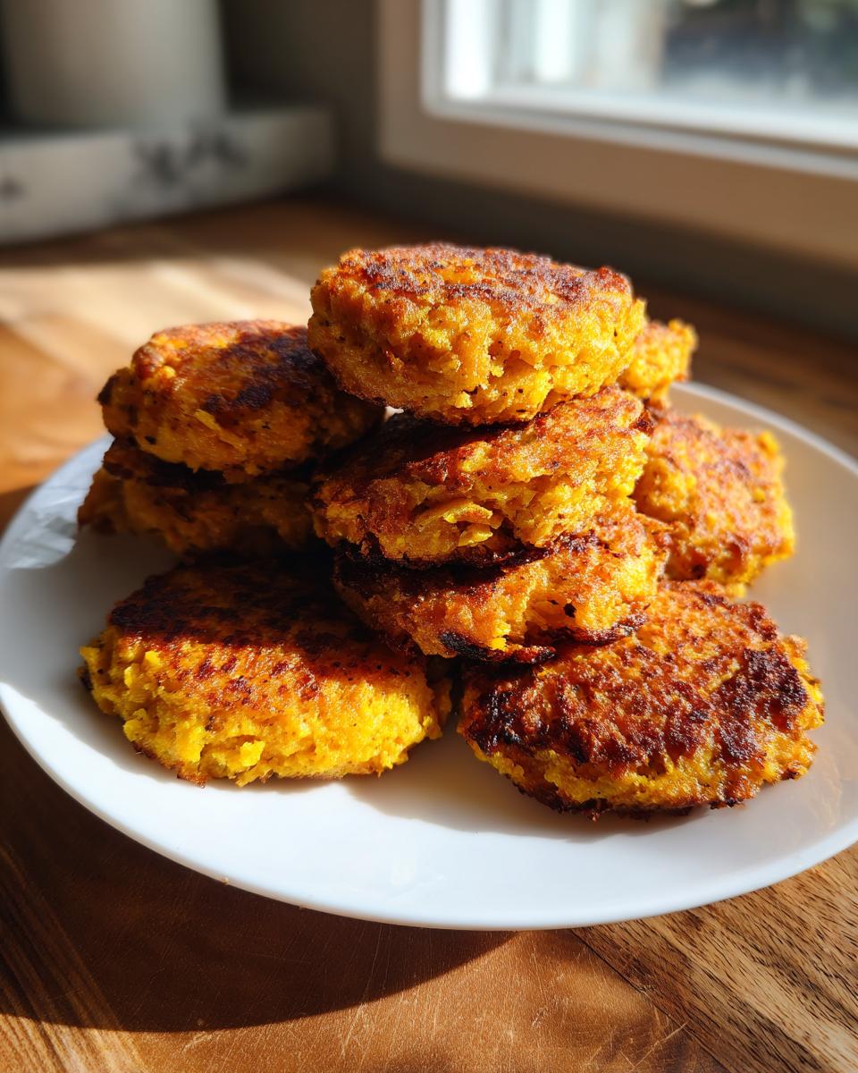 A stack of golden brown, savory fried cornbread patties piled high on a white plate, beautifully lit by sunlight.
