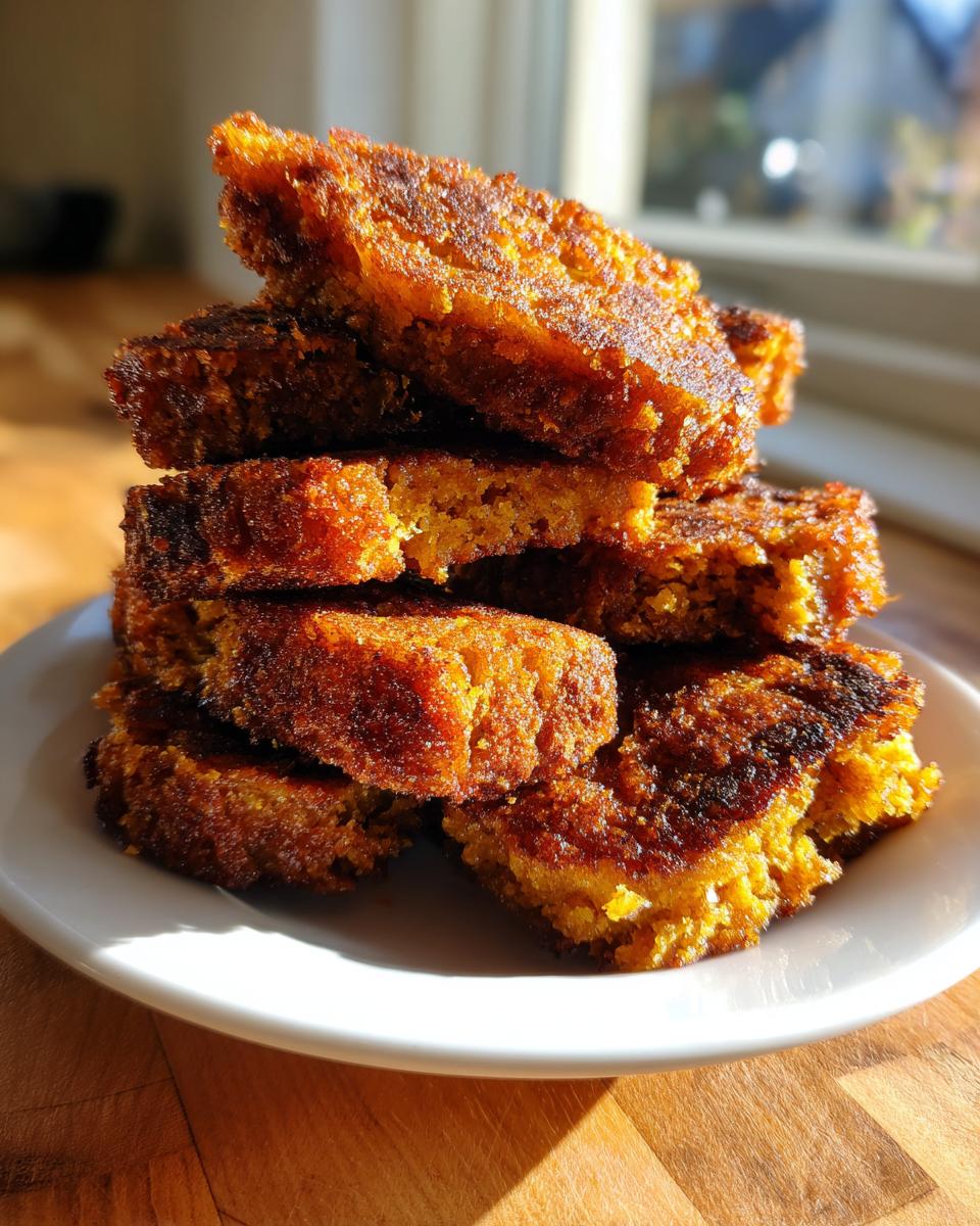 A stack of golden brown, crispy fried cornbread pieces piled high on a white plate, beautifully lit by sunlight.