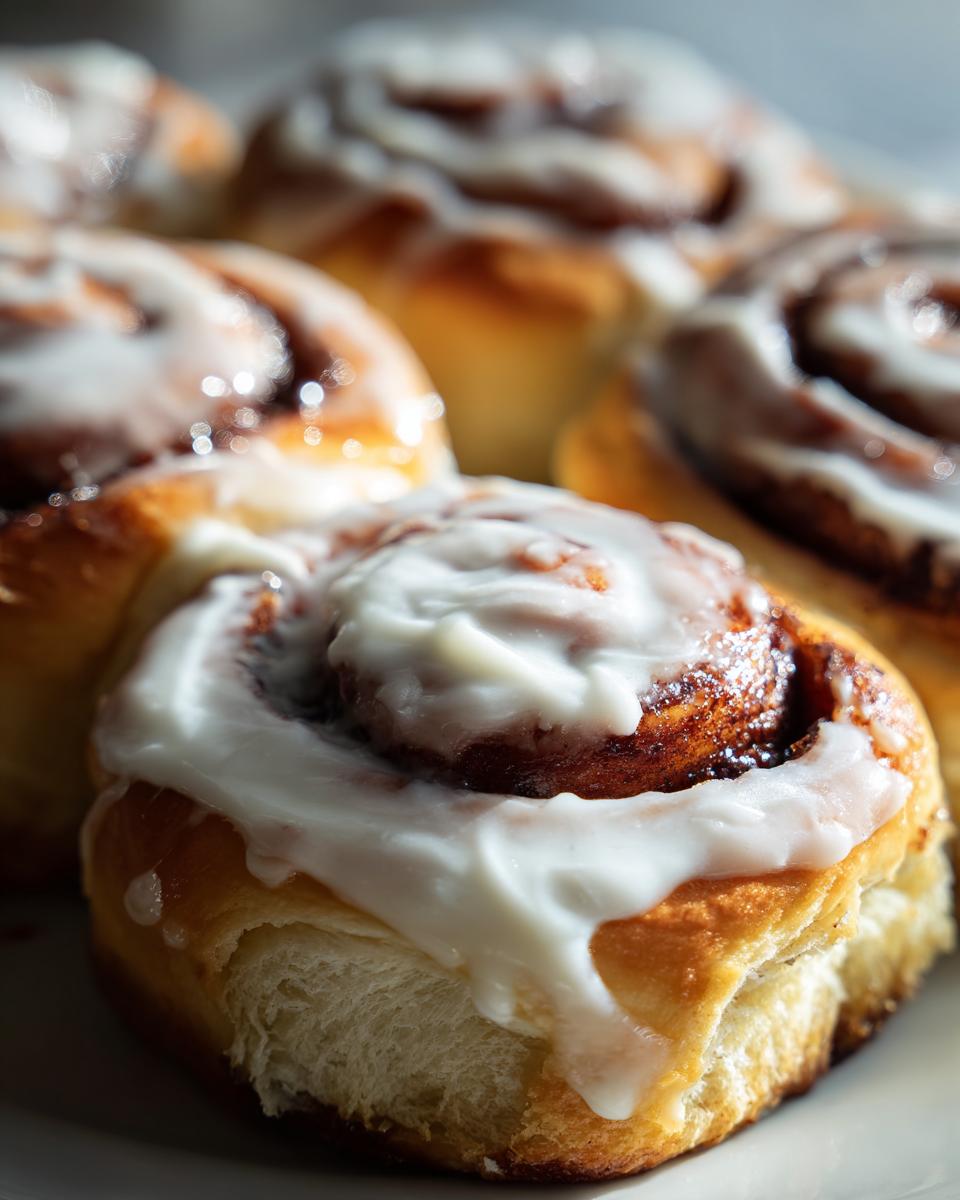 A close-up, macro shot of a freshly baked cinnamon roll topped with thick white icing, showing the soft dough texture.