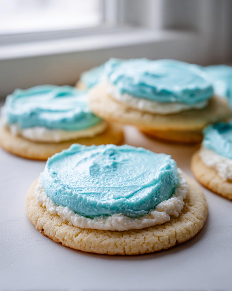 A close-up of a round, baked sugar cookie topped with white and bright blue frosting.
