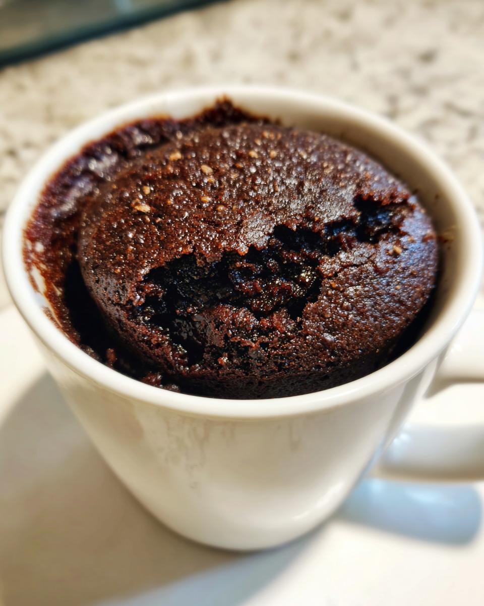 Close-up of a rich, fudgy chocolate mug cake baked inside a white ceramic mug.