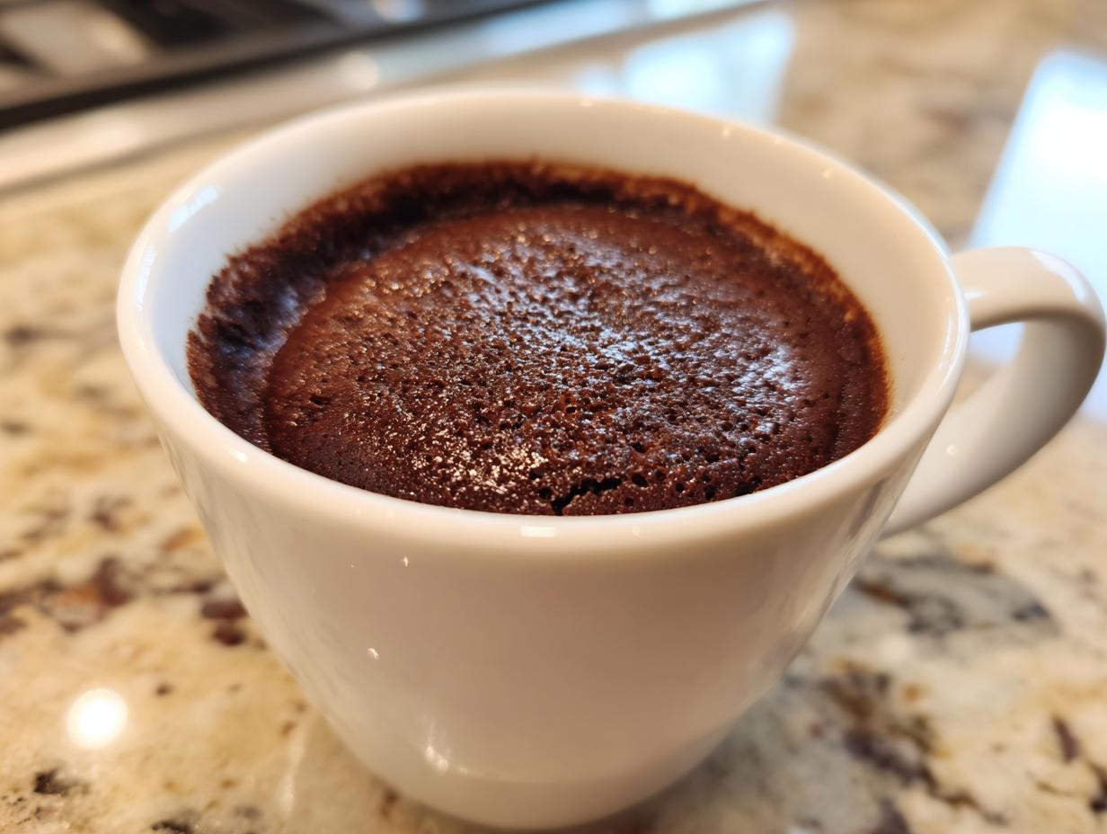 Close-up of a freshly baked, dark chocolate fudgy mug cake rising slightly above the rim of a white ceramic cup.