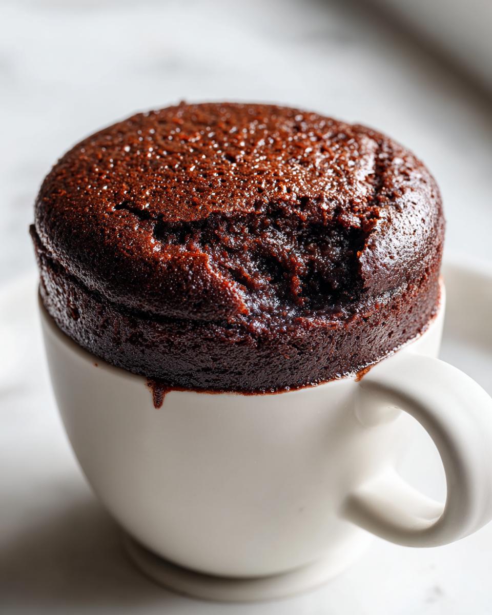 Close-up of a rich, fudgy chocolate mug cake that has risen over the rim of a white ceramic mug.
