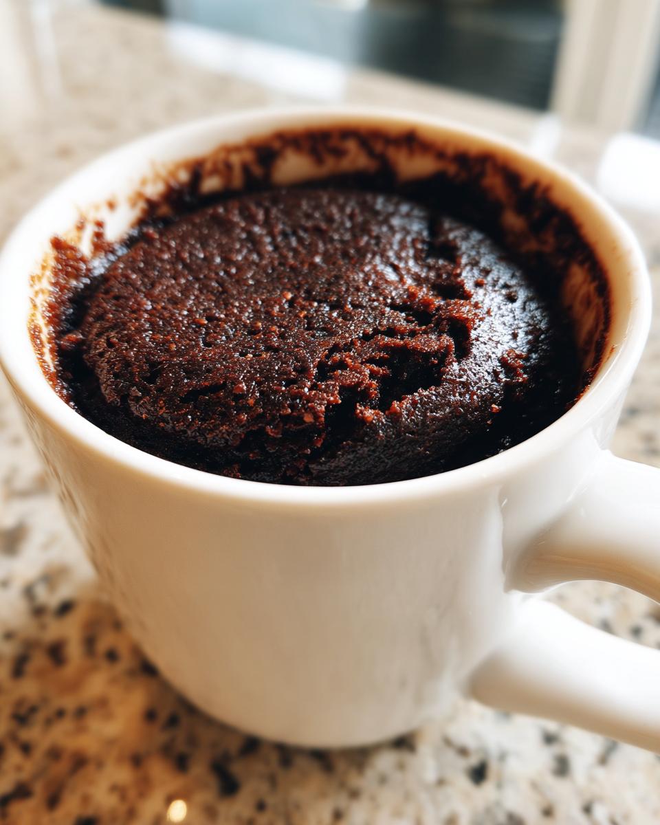 Close-up of a rich, fudgy chocolate mug cake baked directly inside a white ceramic mug.