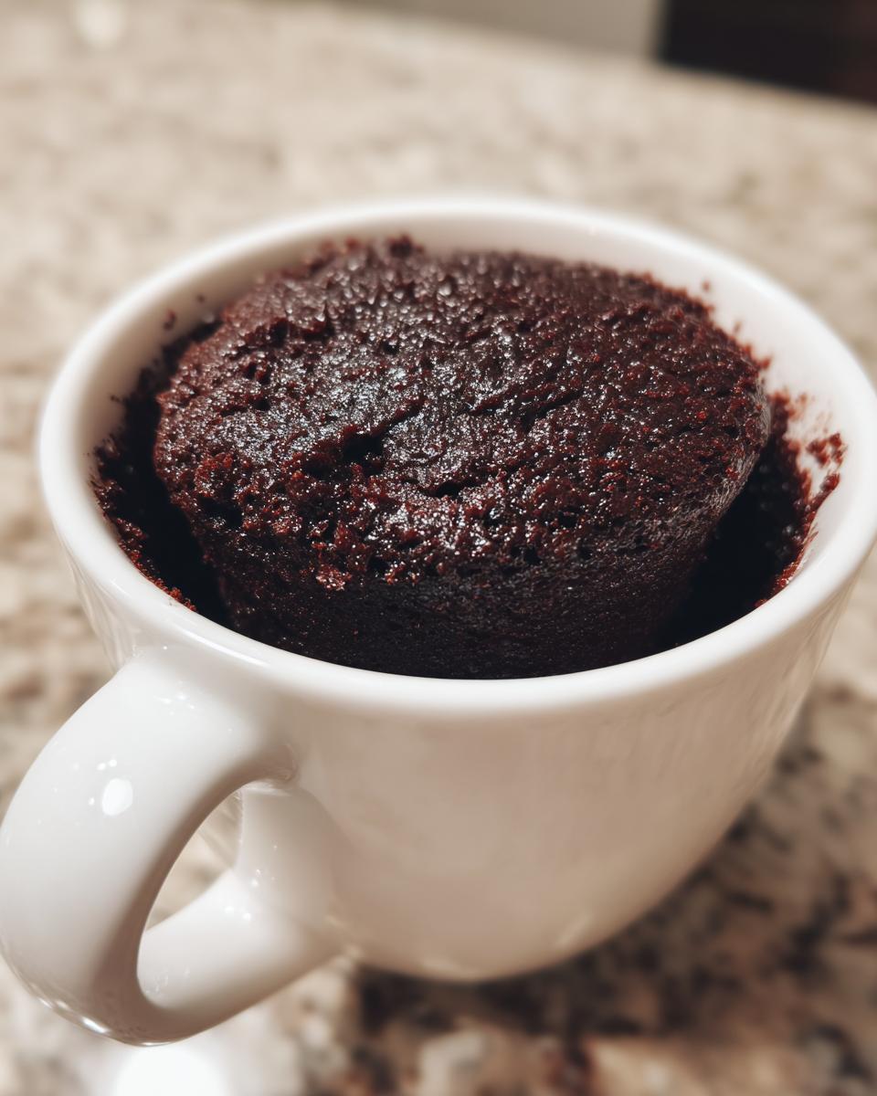 Close-up of a rich, dark chocolate mug cake risen perfectly inside a white ceramic mug.