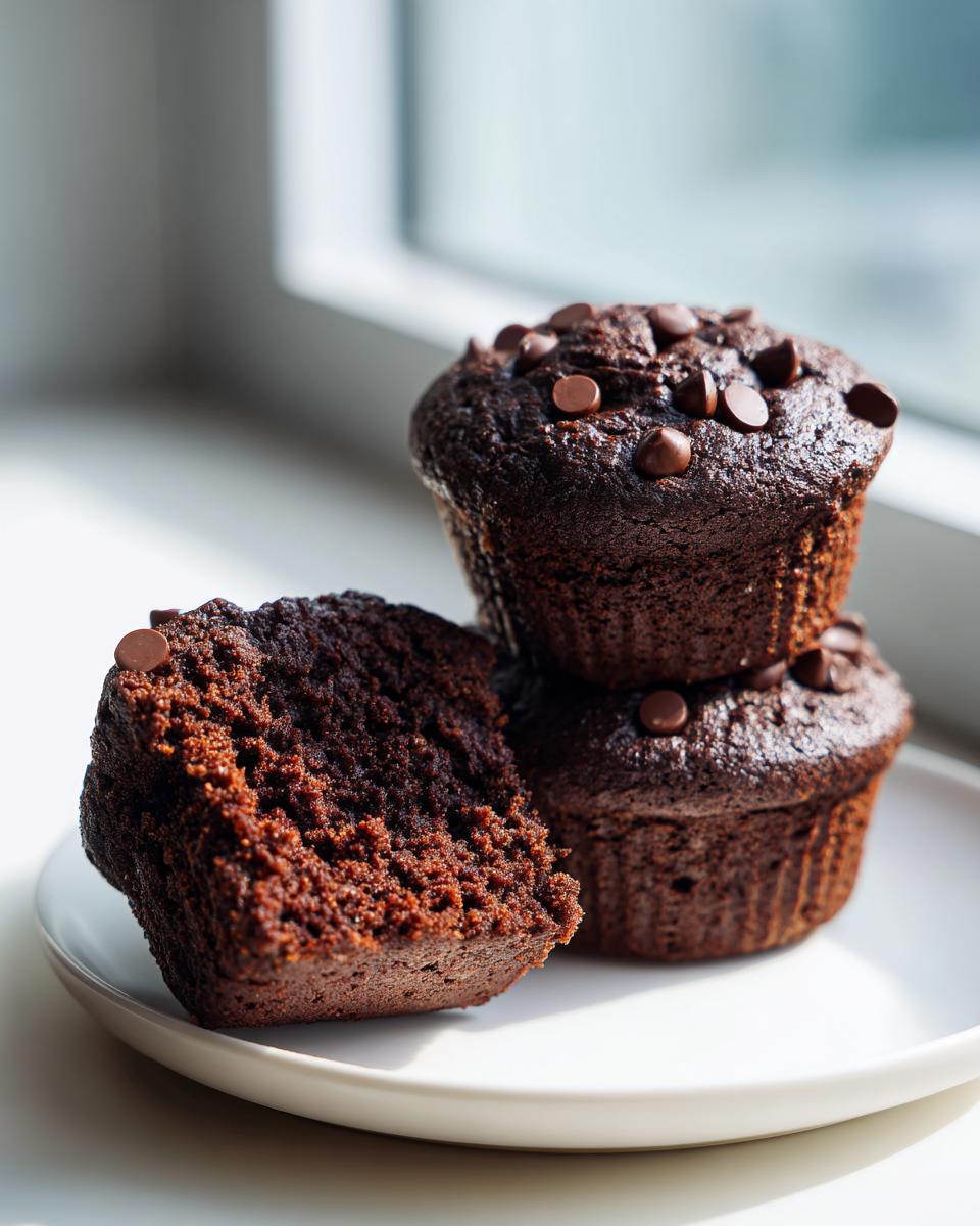 Close-up of fudgy chocolate zucchini muffins stacked on a white plate, one cut open showing moist texture.