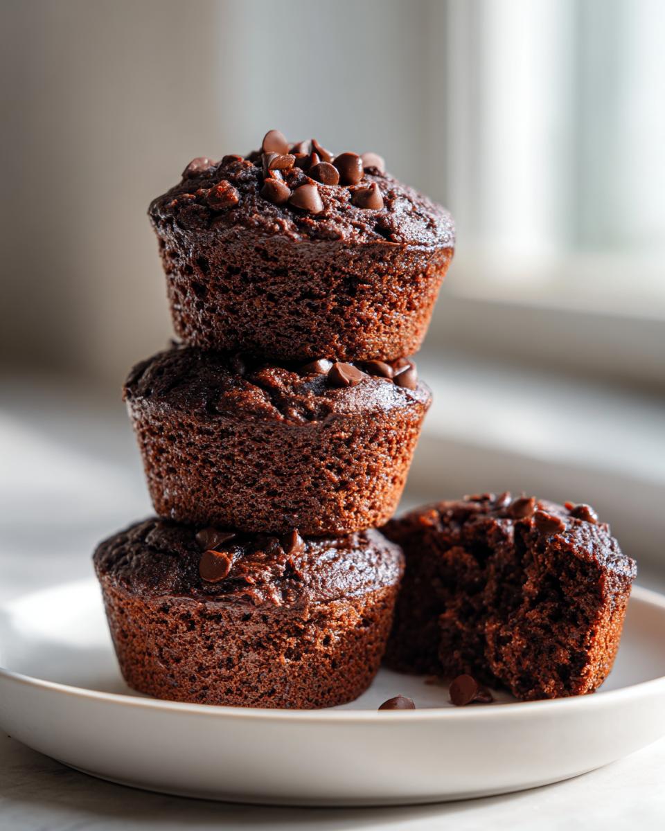 A stack of three fudgy chocolate zucchini muffins topped with chocolate chips, with one muffin broken open beside them.