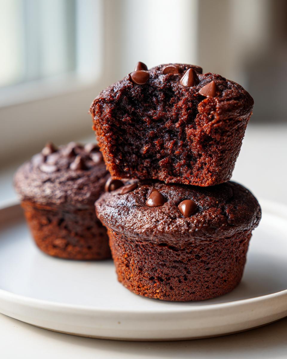 Close-up of stacked, fudgy chocolate zucchini muffins topped with chocolate chips, one muffin showing a bite taken out.