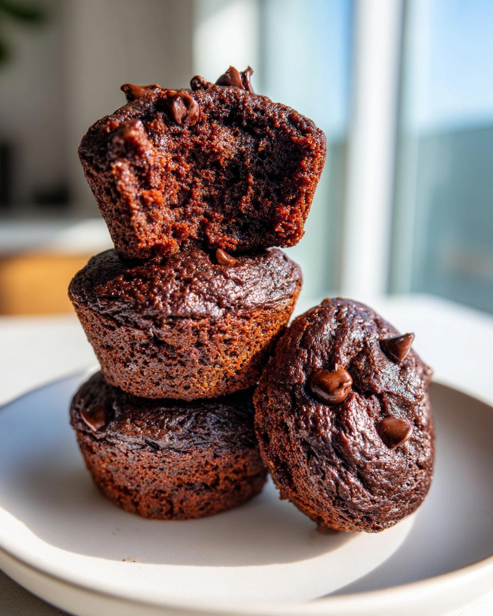 A stack of three fudgy chocolate zucchini muffins, one broken open to show the moist interior, topped with chocolate chips.