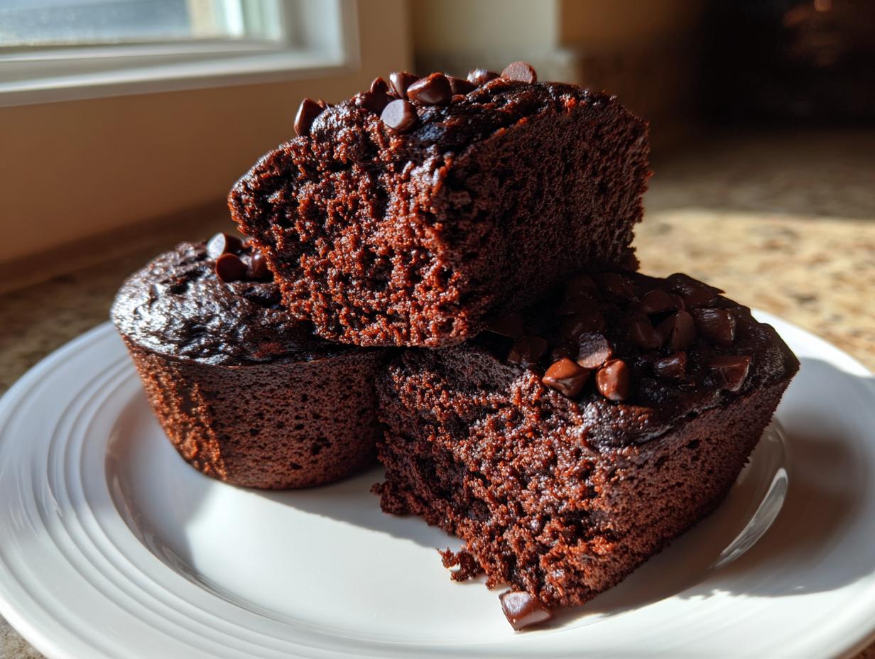 Close-up of fudgy chocolate zucchini muffins stacked on a white plate, topped with chocolate chips.