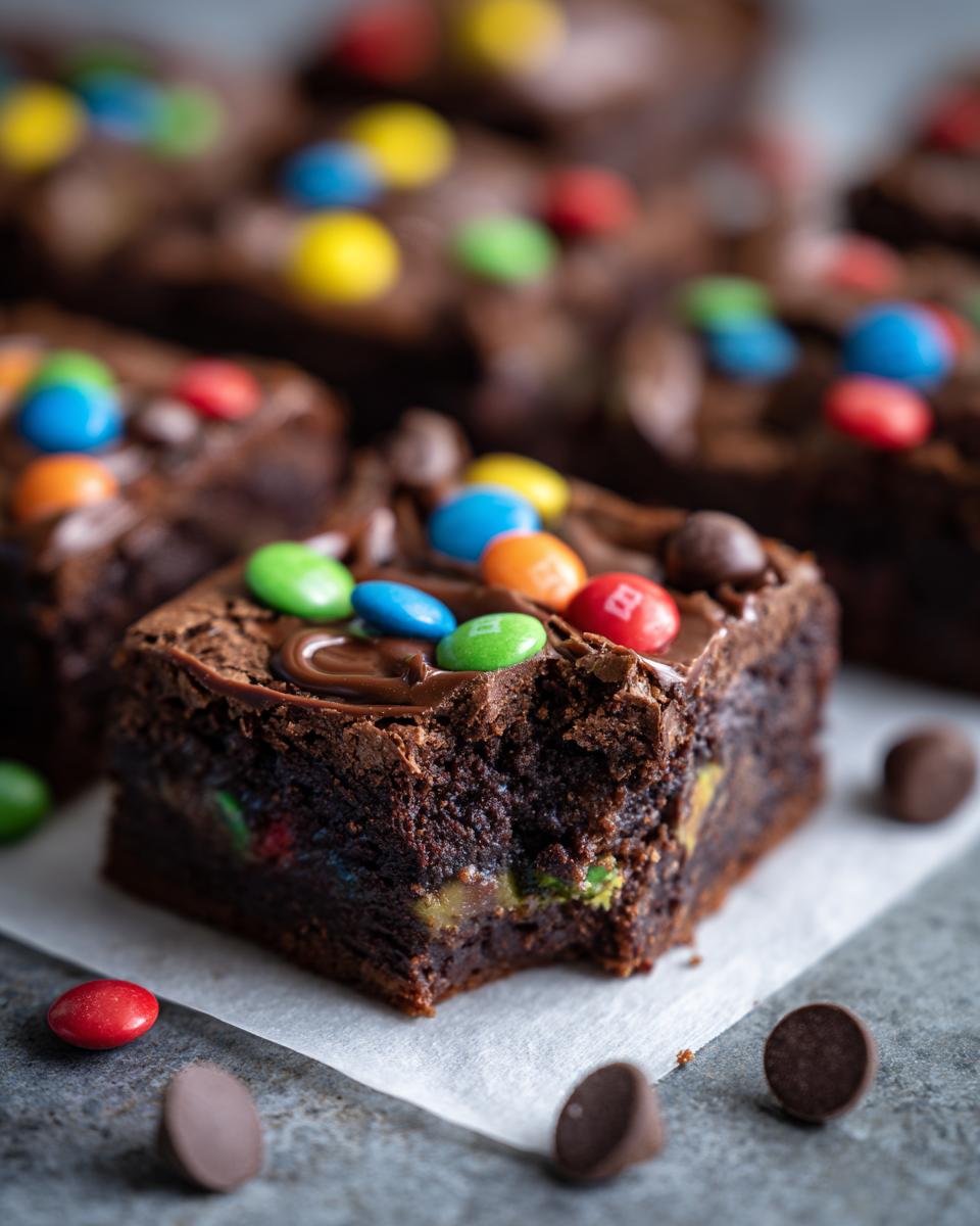 A close-up of a fudgy square of cosmic brownies topped with chocolate frosting and colorful candies, with a bite taken out.