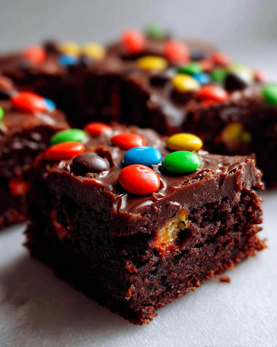 A close-up of a rich, fudgy cosmic brownie square topped with chocolate frosting and colorful candy-coated chocolates.