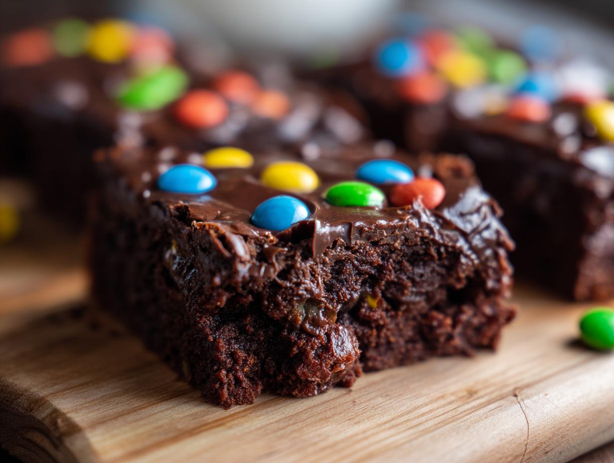 A close-up of a rich, fudgy brownie square topped with chocolate frosting and colorful candy pieces, resembling cosmic brownies.