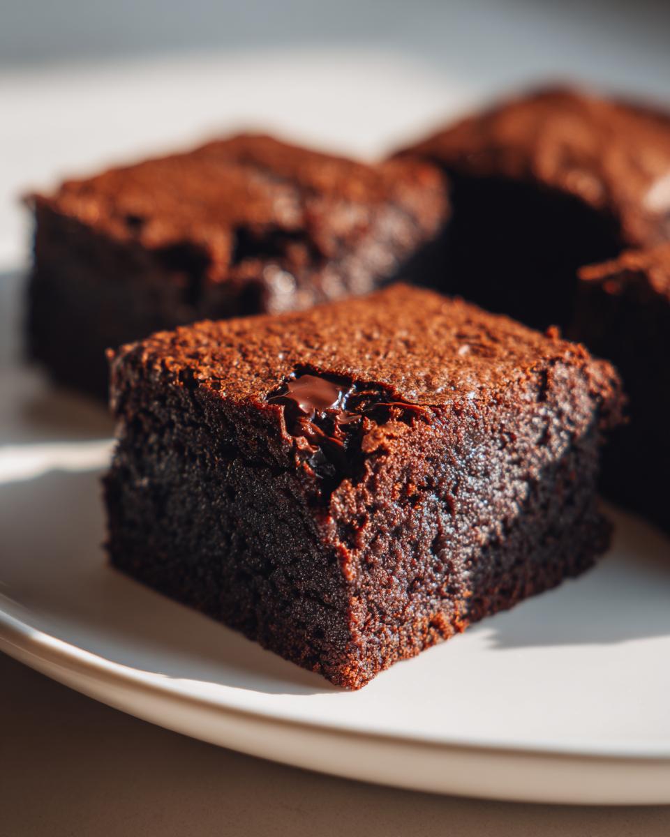 A close-up, sunlit shot of a fudgy date brownies square with melted chocolate visible on top, resting on a white plate.