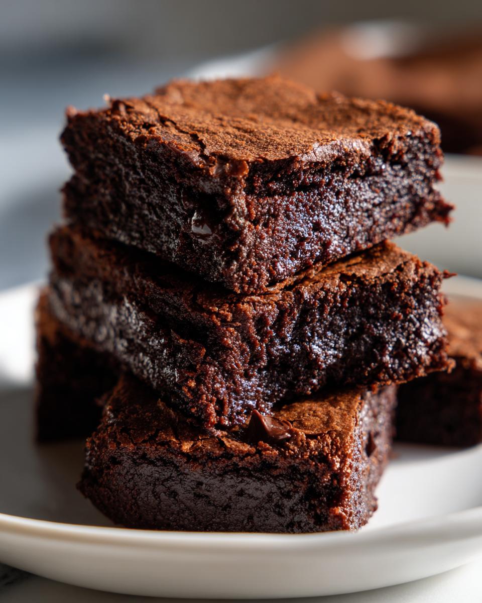 A stack of three incredibly fudgy date brownies, dusted with cocoa powder, sitting on a white plate.