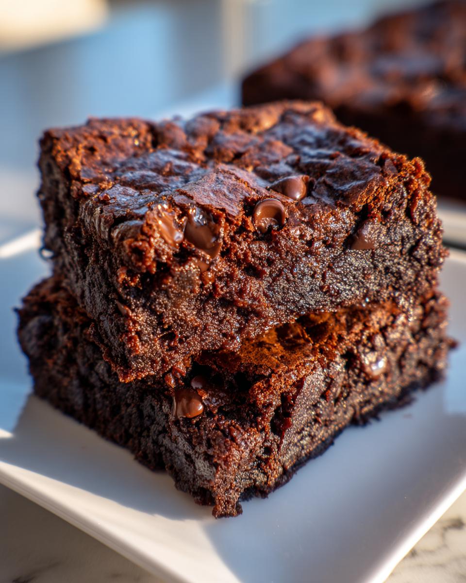 Two stacked, incredibly fudgy date brownies with a shiny, cracked top and visible chocolate chips.
