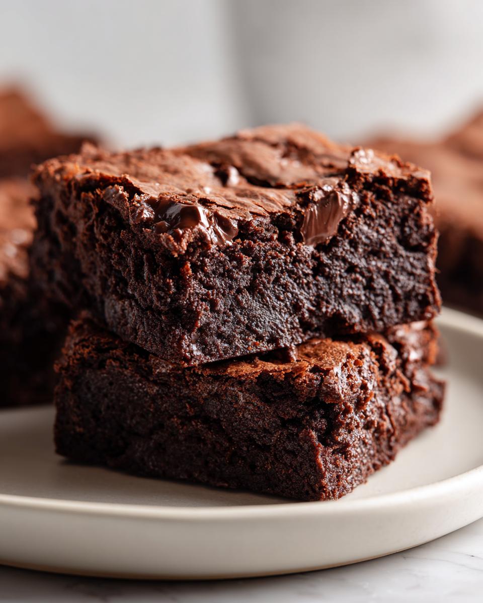 Two fudgy date brownies stacked on a light plate, showing a rich, dark chocolate interior and shiny top.