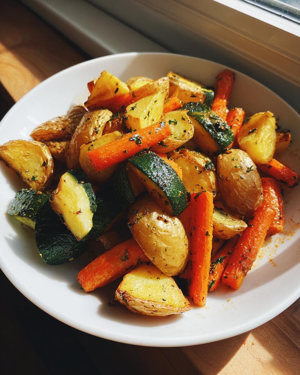 A white bowl filled with golden brown Garlic Herb Roasted Veggies, including potatoes, carrots, and zucchini, seasoned with herbs.
