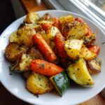 A close-up of roasted potatoes, carrots, and zucchini seasoned with herbs, showcasing delicious Garlic Herb Roasted Veggies.