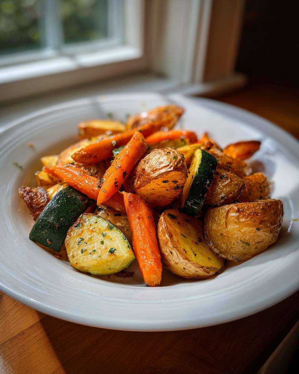 A close-up of roasted potatoes, carrots, and zucchini seasoned for Garlic Herb Roasted Veggies, served on a white plate.