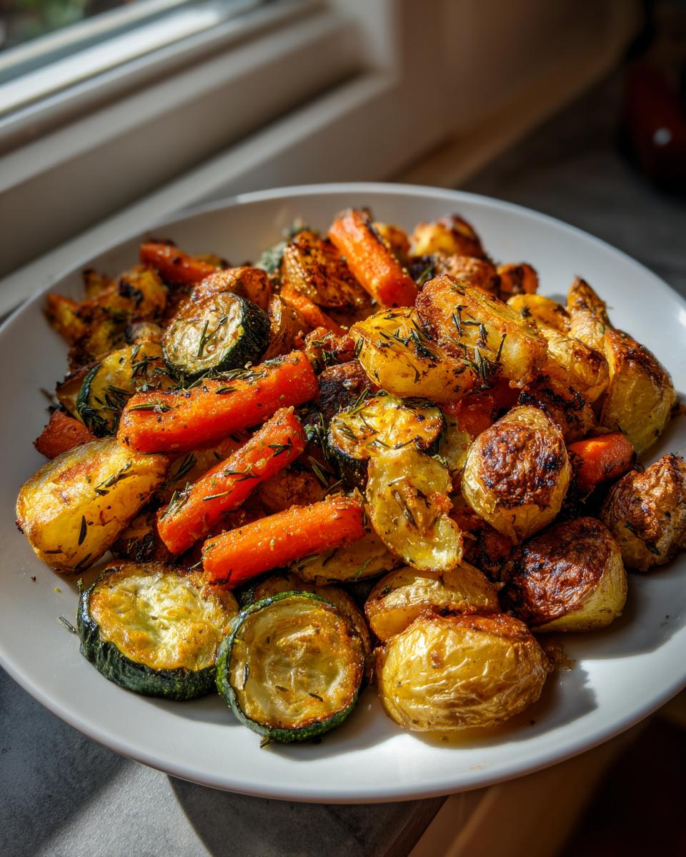 A white plate piled high with golden brown Garlic Herb Roasted Veggies, including potatoes, carrots, and zucchini, seasoned with herbs.