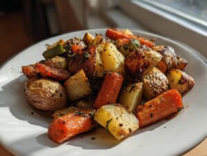 A white plate filled with golden brown, perfectly roasted Garlic Herb Roasted Veggies, including potatoes and carrots, seasoned with herbs.