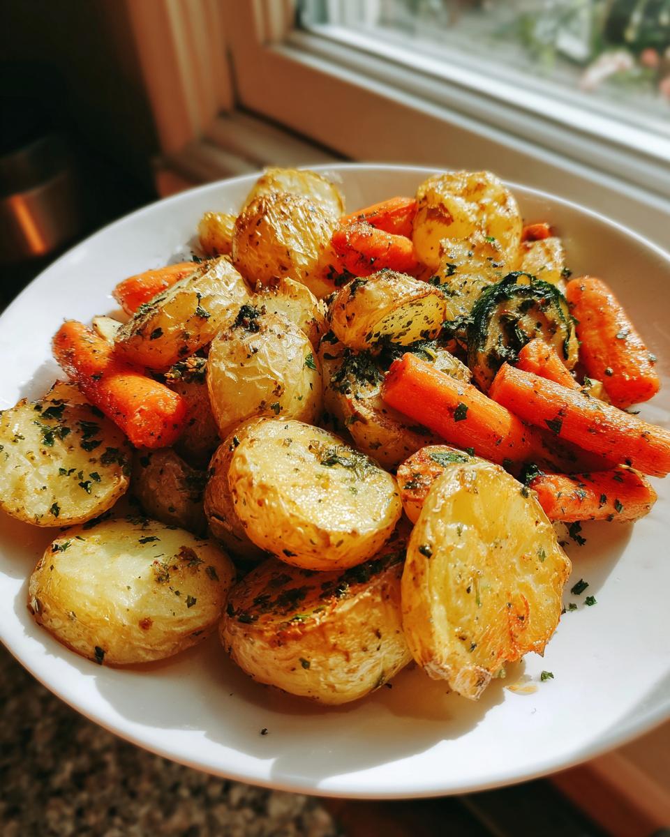A white plate filled with golden brown potatoes and bright orange carrots seasoned with herbs, ready to serve as Garlic Herb Roasted Veggies.
