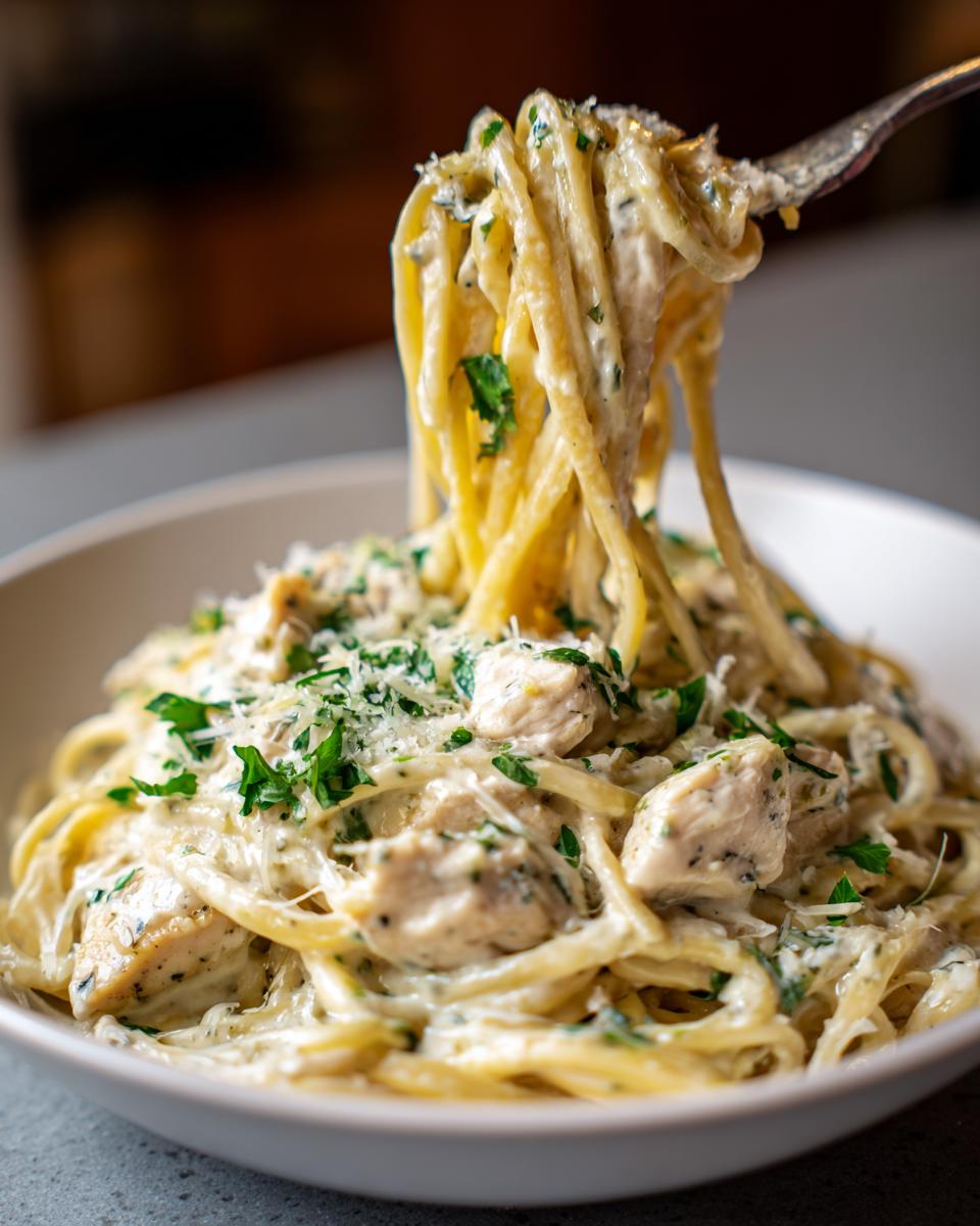 A fork lifting strands of creamy garlic parmesan chicken pasta from a white bowl, topped with parsley and cheese.