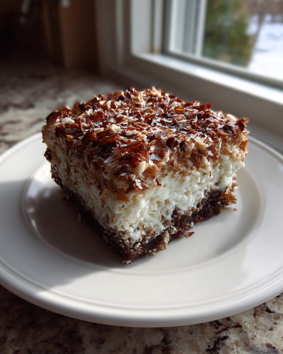 A square slice of moist german chocolate poke cake with a thick white filling and toasted coconut pecan topping.