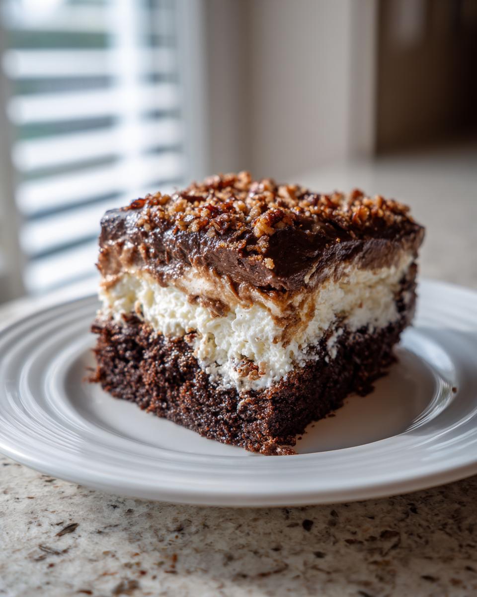 A square slice of german chocolate poke cake showing layers of dark chocolate cake, white filling, and chocolate pecan topping.