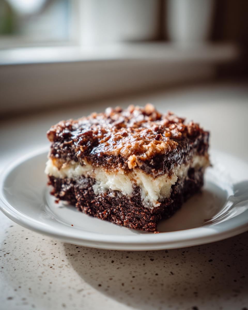 A single square slice of moist german chocolate poke cake with a white filling layer and pecan-coconut topping.