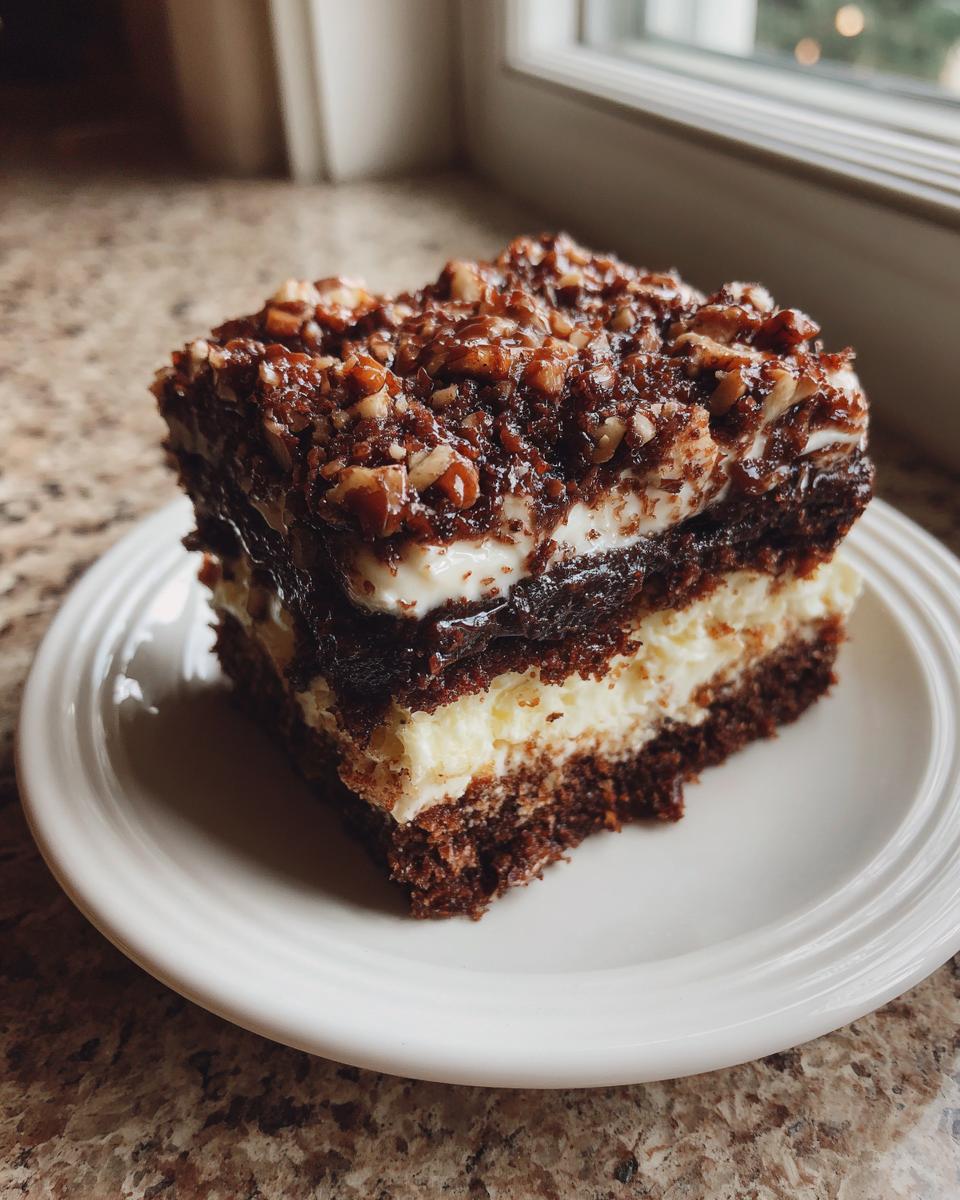 A moist slice of german chocolate poke cake featuring layers of chocolate cake, creamy filling, and a pecan topping.