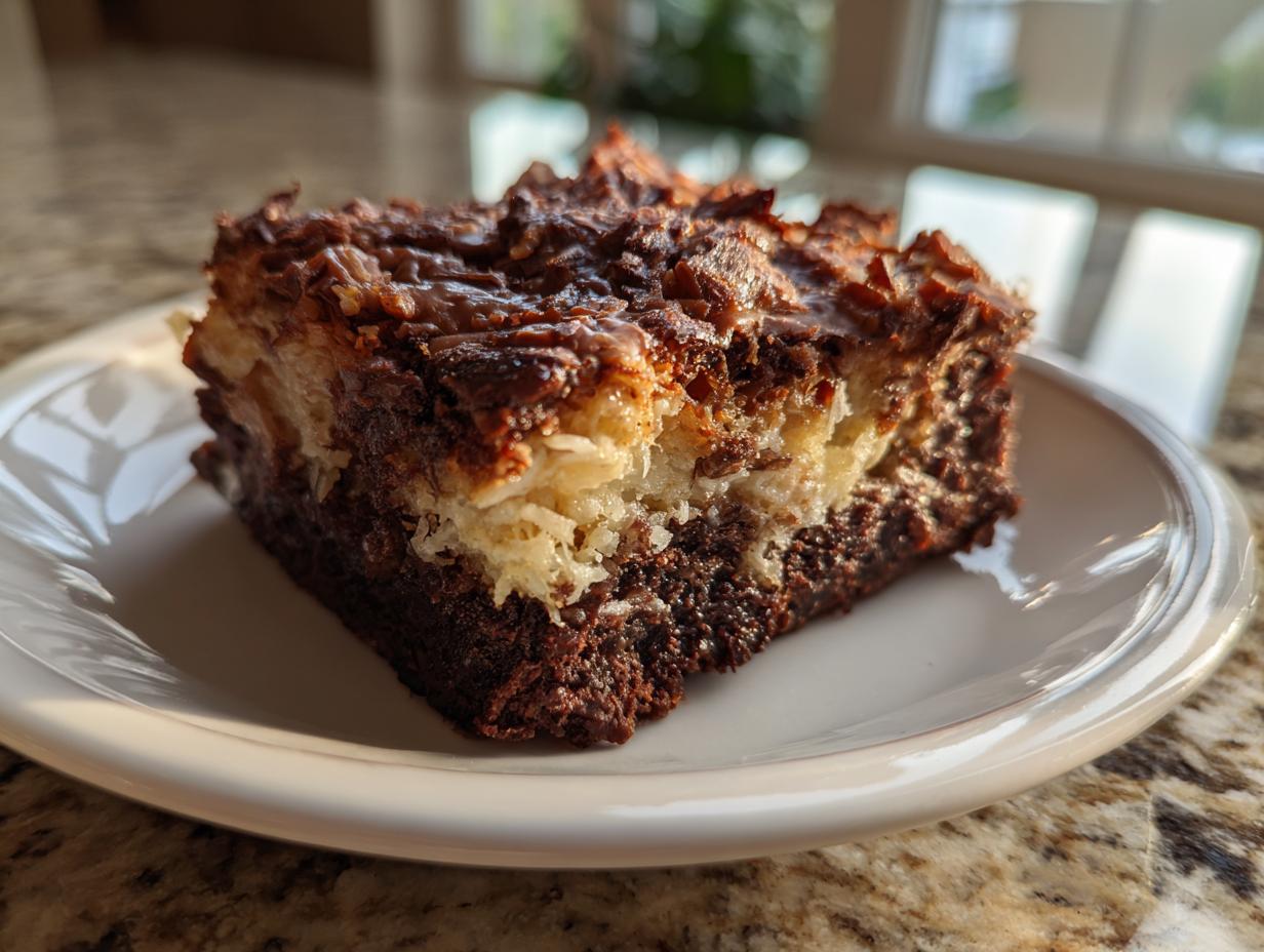 A close-up of a rich, square slice of german chocolate poke cake showing the dark chocolate base and coconut-pecan topping.