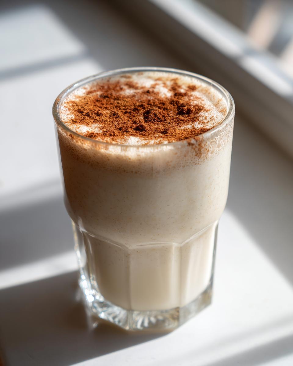 A glass of creamy, light-colored coquito beverage topped generously with ground cinnamon.