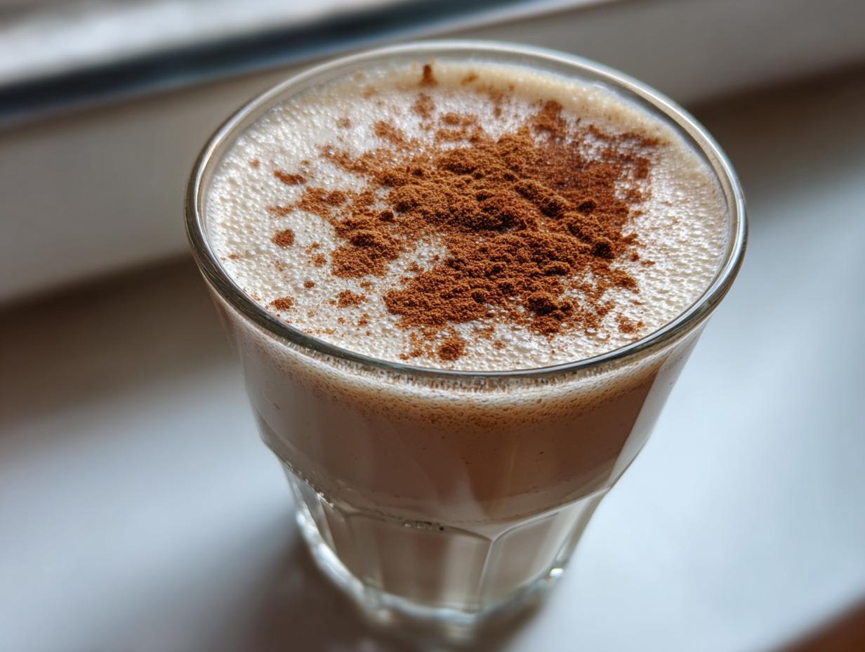 Close-up of a glass filled with creamy coquito, generously dusted with ground cinnamon on top.