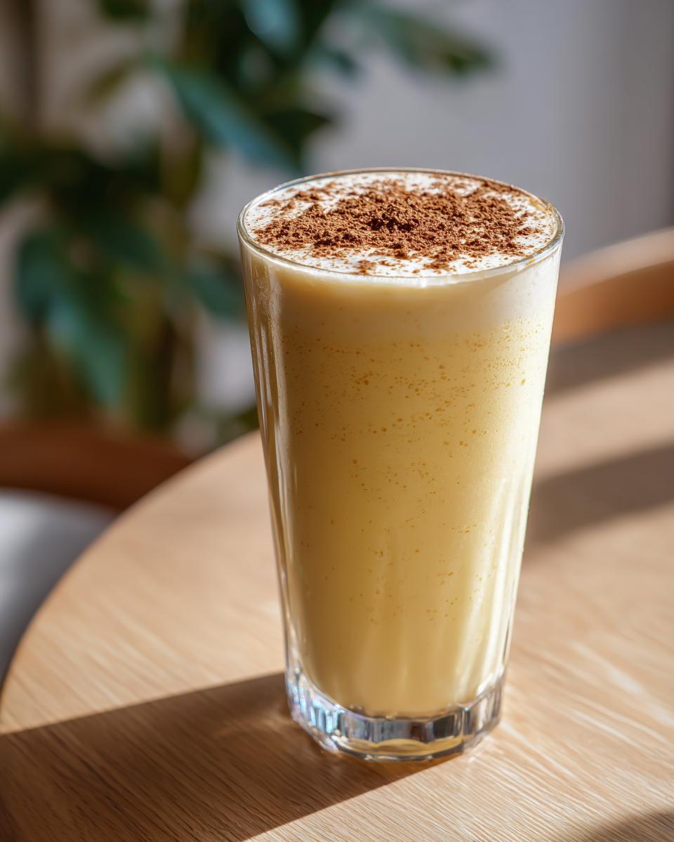 A tall glass of creamy, yellow homemade eggnog, topped generously with sprinkled cocoa powder, sitting on a wooden table.
