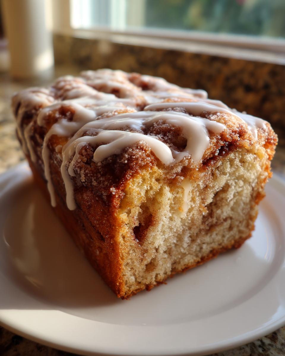 Close-up of a freshly baked apple fritter bread loaf with cinnamon swirl and white icing drizzle.