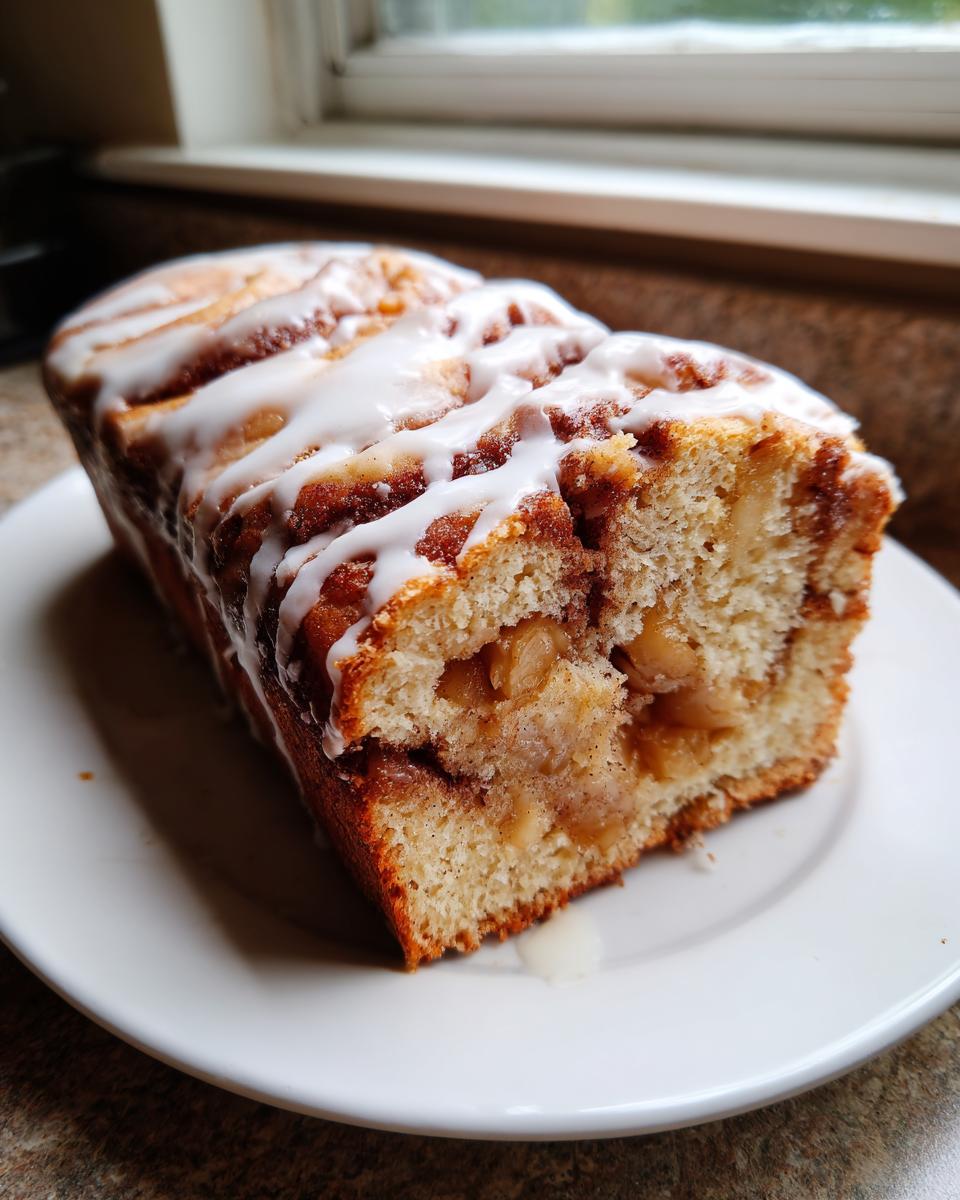 A close-up of a freshly baked apple fritter bread loaf, drizzled with white icing and showing the apple filling inside.
